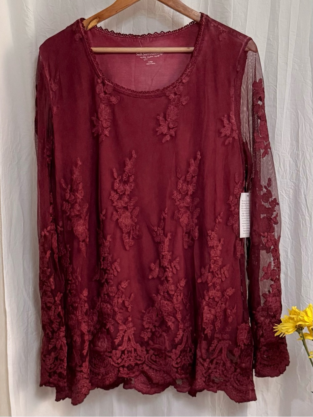 NWT Soft Surroundings L Large Merlot Embroidered Lace Sheer Bell Sleeve Top